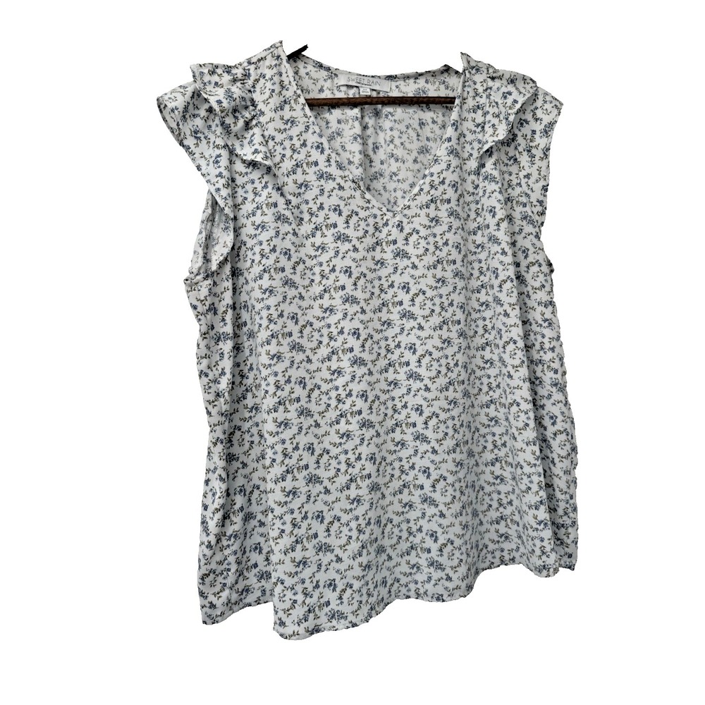 Sweet Rain 2X blue ditzy floral cottagecore blouse country ruffle cap sleeve